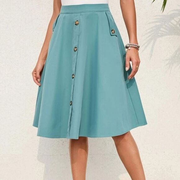 Shein Button Up Breasted Flare Women Cadet Blue Mid-Length Skirt Size L - Picture 1 of 10